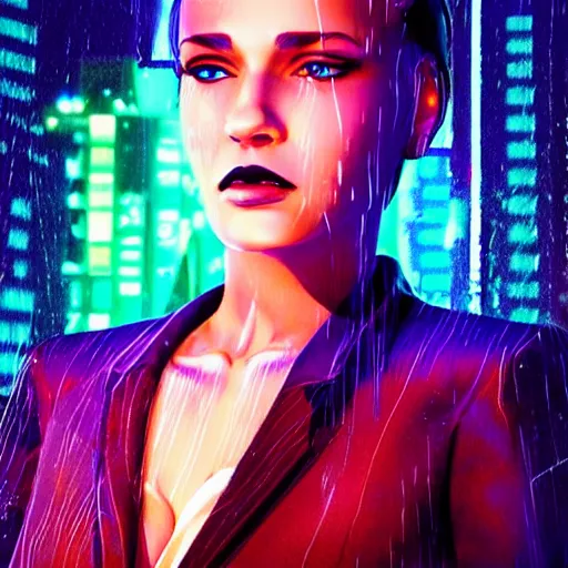 Image similar to cinematic cartoon women portrait made out of rain, pinstripe suit, short hair, cyberpunk background, rendered in octane, unreal engine, highly detailed, trending on artstation, realistic, splashes of neon, beautiful