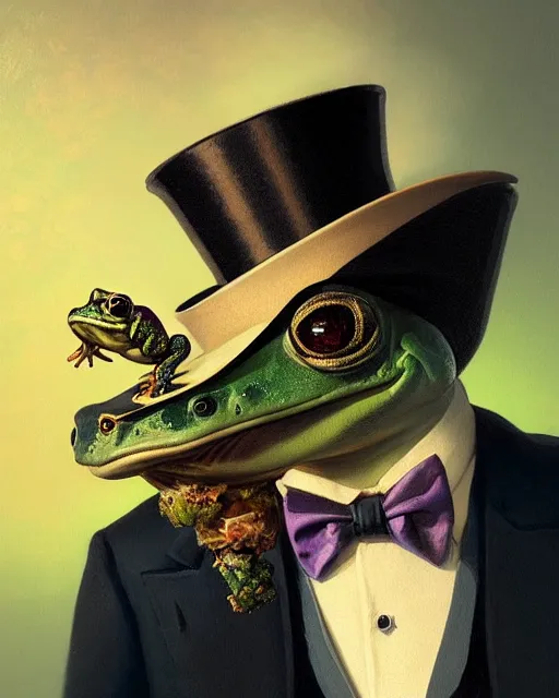 Image similar to close portrait of a fancy toad ( animal ) with a top hat, smoking weed, vaporwave, bedroom, highly detailed, digital painting, artstation, concept art, smooth, sharp focus, illustration, art by artgerm and greg rutkowski and alphonse mucha