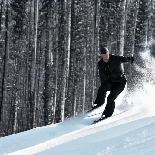 Image similar to jason statham skiing, full body shot, finely detailed