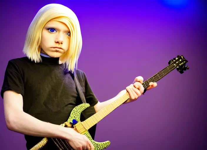 Image similar to waifish androgynous person with mid length blond hair on stage in front of an audience alien instruments zeiss lens masterpiece stage lighting photograph by torbjorn rodland high contrast rule of thirds 8 k