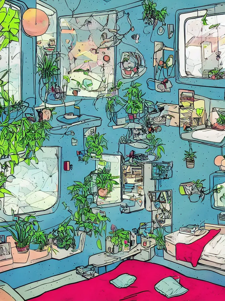 Prompt: Interior of a small, comfy bedroom on a spaceship. In the background is a large window showing outer space. Spread out around the room are lush plants. Graphic novel, bold warm and cool colours,