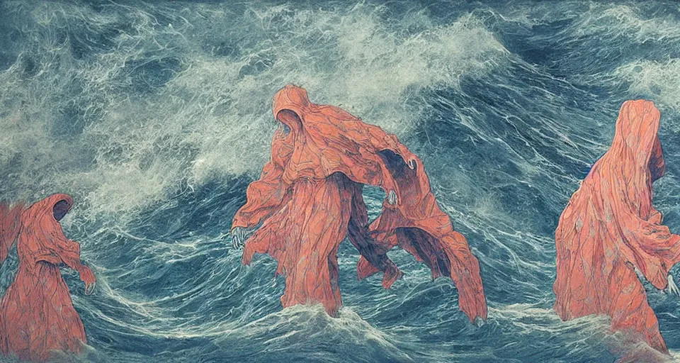 Image similar to worshippers in robes belonging to the cult of the ocean surfing in waves, standing on surfboards, surfing inside one large barreled wav, high detatiled beksinski painting, part by adrian ghenie and gerhard richter. art by takato yamamoto. masterpiece, deep colours, blue