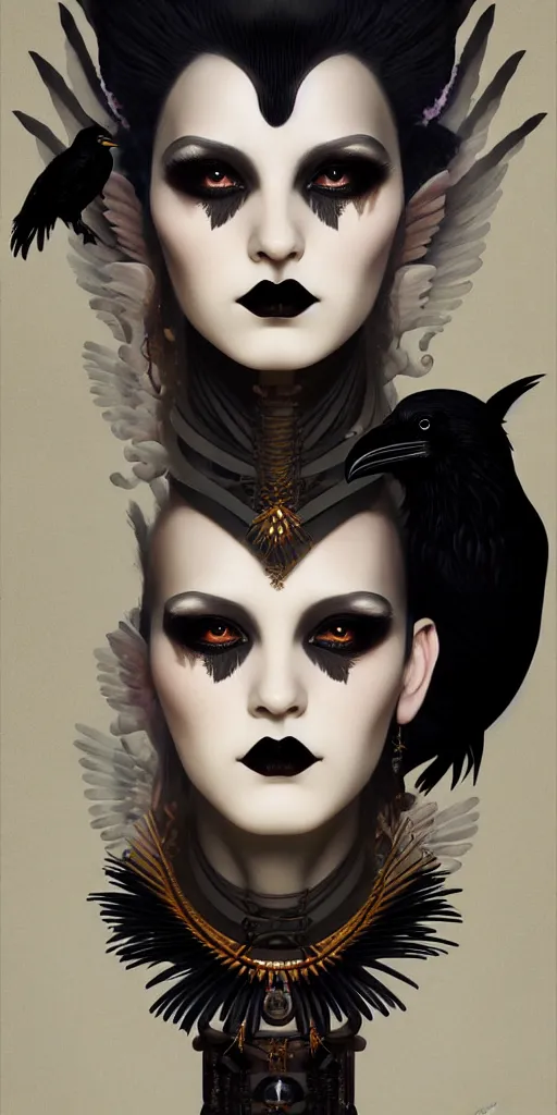 Image similar to breathtaking detailed concept art painting art deco portrait of a goth goddess amalgamation raven, by hsiao - ron cheng, bizarre compositions, exquisite detail, extremely moody lighting, 8 k