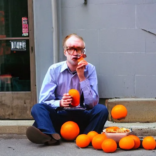 Prompt: hugh hopper on a street corner eating an orange and sipping diet pepsi