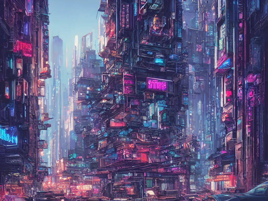 Prompt: hyperrealistic matte painting of the street level of a cyberpunk city with stacked ground buildings, classical architecture, by hugh ferris, noriyoshi ohrai, john harris, cyberpunk style, cyberpunk ads, neon signs, blue color scheme, vivid color, city lights, fine detail, polished, sharp focus, octane, cgsociety, trending on artstation