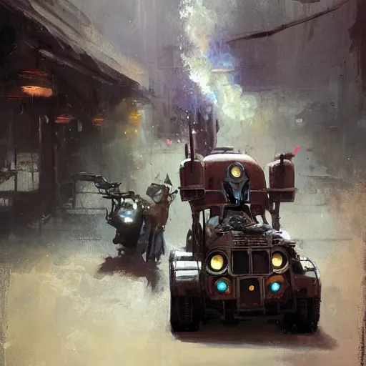 Prompt: the mandalorian, driving a steampunk zamboni, by craig mullins, jeremy mann, jeremy mann.