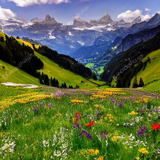 Prompt: alps mountain valley switzerland, wildflower vista