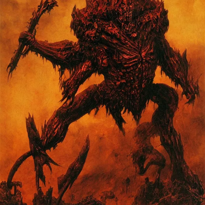 Image similar to demonic berserker in hellish armor, muscular body, demon, balrog, beksinski