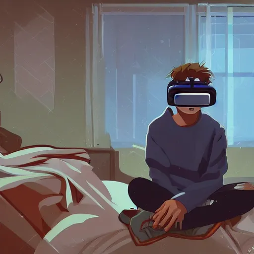 Prompt: A teenage caucasian boy wearing a VR-headset sitting on his messy bed. The messy tiny room is dimly lit by a small night light. dim lighting, award-winning, anime, manga style, cyberpunk