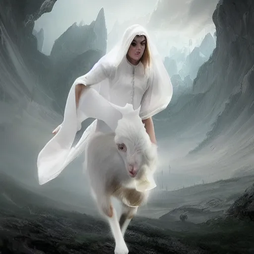 Image similar to white female dancing goat weared with white veils, matte painting, cinematic, epic composition, detailed, atmospheric, wide angle, artstation trending