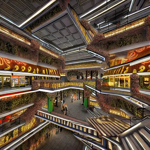 Image similar to hyperrealism photography computer simulation visualisation of parallel universe mall in surreal scene from art house movie from unreal setting by caravaggio rendered in mandelbulb 4 d