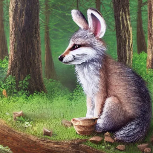 Prompt: cute fluffy hybrid animal cross between fox, raccoon, and lop eared bunny rabbit sitting in a forest landscape detailed painting 4 k