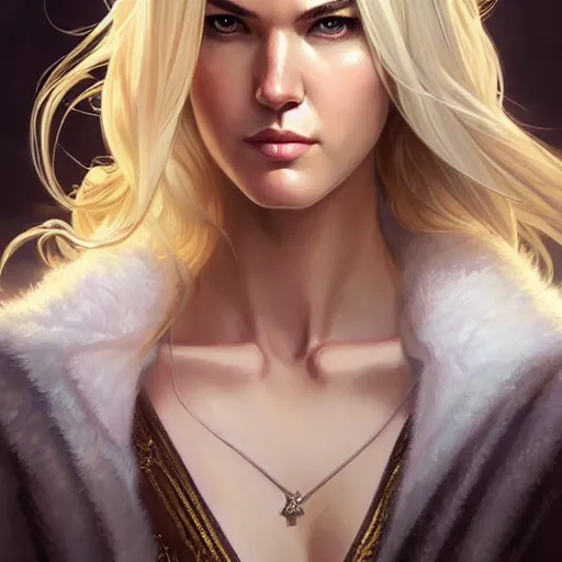 Image similar to Odette Annable with blonde hair as Emma Frost, western, D&D, fantasy, intricate, elegant, highly detailed, digital painting, artstation, concept art, matte, sharp focus, illustration, art by Artgerm and Greg Rutkowski and Alphonse Mucha