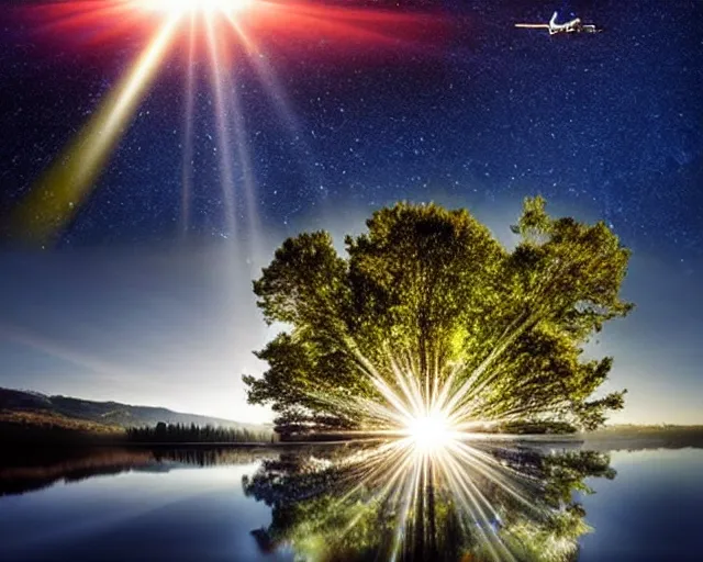 Prompt: [alien invasion] beautiful landscape photography of a UfO spaceship starfighter flying at incredible momentum through the sky at night. lake reflections in the foreground. sun rays shining through the trees. lens flare. moonlit, dramatic lighting by Marc Adamus