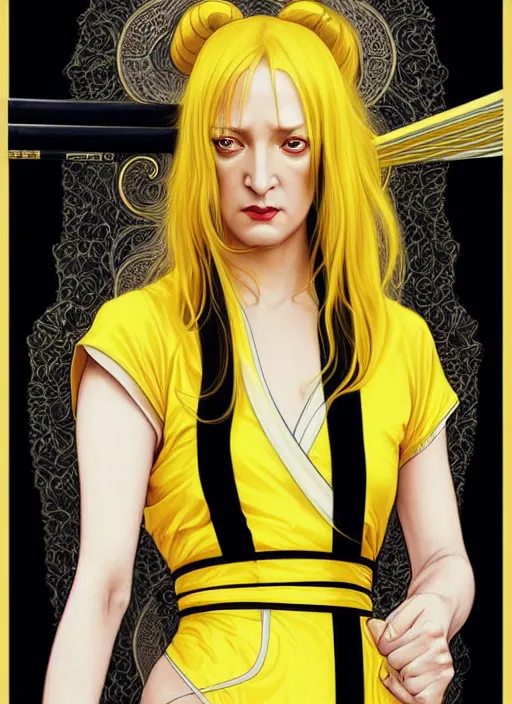 Image similar to uma thurman in kill bill, rococo and art nouveau fusion, reflective katana, yellow jumpsuit with black stripe, highly detailed, deep focus, elegant, digital painting, smooth, sharp focus, illustration, ultra realistic, japanese art by artgerm and alphonse mucha