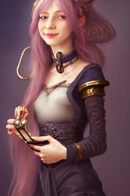 Image similar to portrait of a gorgeous young female artificer holding a strange device, looking at camera, D&D, choker on neck, stylish dress, mouth slightly open, cute slightly nerdy smile, very long flowing hair, intricate, elegant, stylish, fantasy, extremely detailed, digital painting, artstation, concept art, smooth, sharp focus, illustration, stunning lighting, art by artgerm and greg rutkowski and alphonse mucha and simon stalenhag