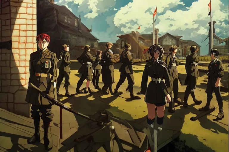 Prompt: anime key visual of high fantasy and world war 2 germany with anime maids as soldiers, dictator fascist nationalist propaganda poster, style of jamie wyeth james gilleard edward hopper greg rutkowski acrylic painting, preserved museum piece, historical