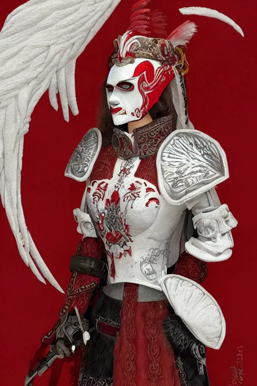 Image similar to female adventurer in tight full - body white embroidered leather armor of vyshyvanka design with red accents and a red porcelain crow mask, trending in artstation, ukrainian, artstation, big moon in the background, establishing shot