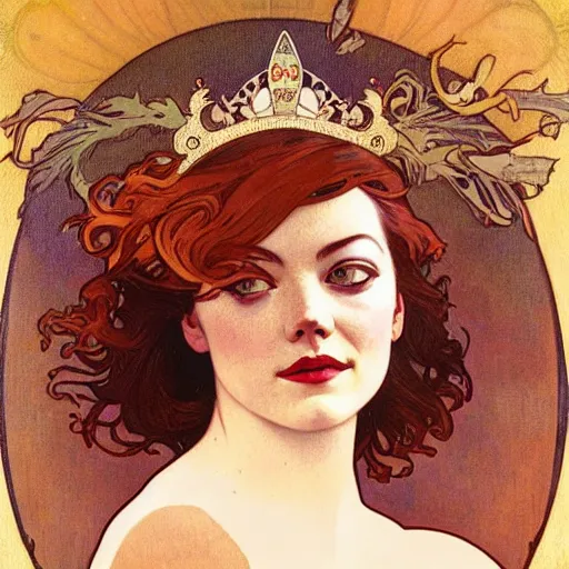 Image similar to emma stone portrait by louis - theophile hingre and alphonse mucha, hyperrealistic, sharp focus, zodiac signs, tarot cards, planets, ethereal, art nouveau, magic, moon, sun, crown, dreamy