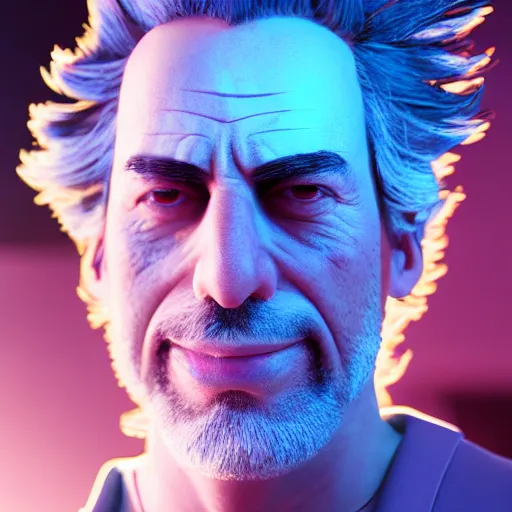 Image similar to portrait of rick sanchez, lab coat and tee shirt, lens flare, atmosphere, glow, detailed, intricate, full of colour, cinematic lighting, trending on artstation, 4 k, hyperrealistic, focused, extreme details, unreal engine 5, cinematic, masterpiece