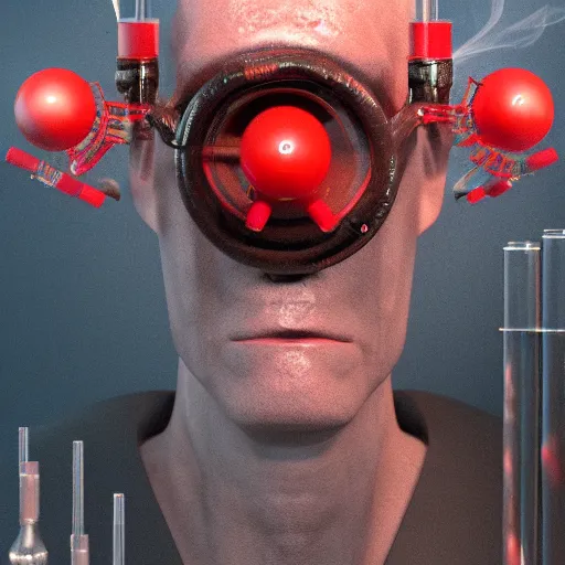 Prompt: a man wearing a big eyeball mask, red smoke in background, test tubes, pipes, artstation, realistic, high detail