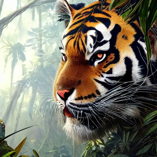 Prompt: a very high detailed tiger crossed with a muscular human body, wearing a very detailed golden crown, tattoo on shoulder, in a highly detailed jungle, full body, majestic, symmetric, Golden crown, crown on head, digital art, concept art, greg rutkowski, Nikolai Karelin, Hou China, trending artstation, unreal engine