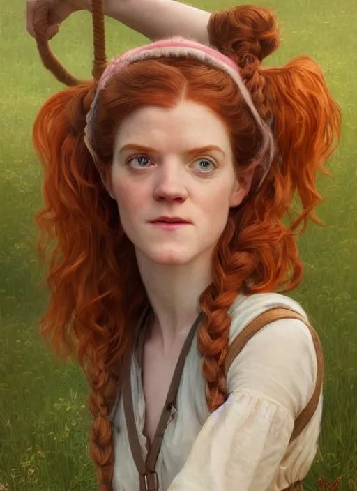 Image similar to portrait Rose Leslie as Pippi Longstocking, full length shot, shining, 8k highly detailed, sharp focus, illustration, art by artgerm, mucha, bouguereau