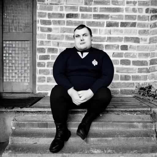 Image similar to clean - shaven chubby chubby chubby 3 2 year old caucasian man from uk. he is wearing navy police sweater and necktie and black boots and police helmet. he is sitting on the porch of his house at night.