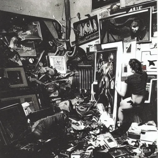 Image similar to messy vintage room of a fallout vault, frank frazetta