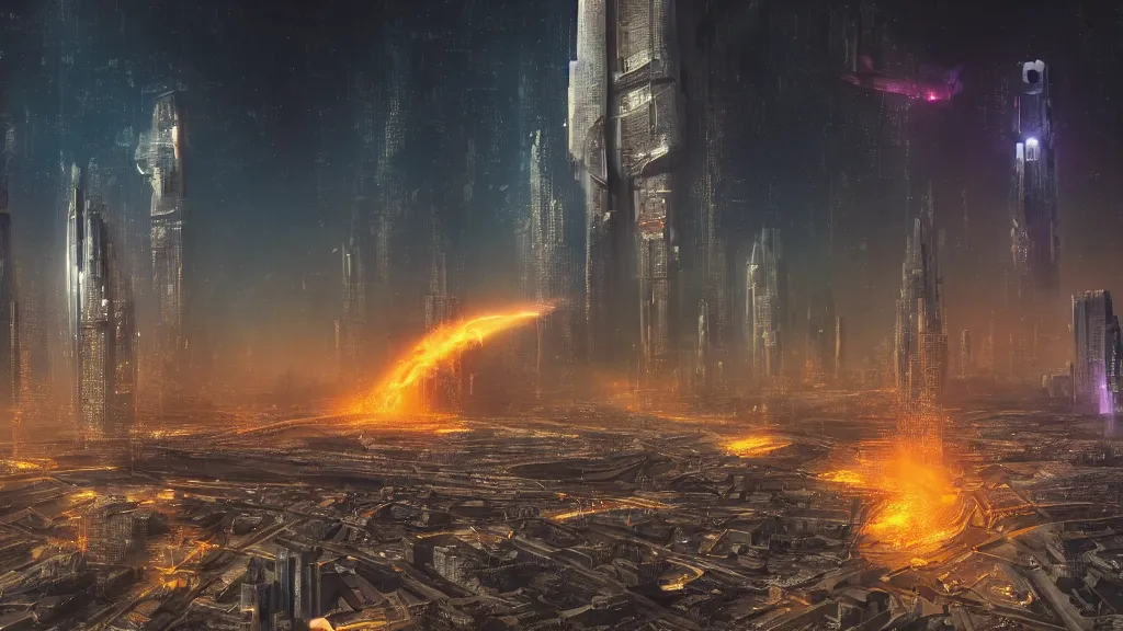 Prompt: The futuristic sci-fi city has tall brutalist architecture buildings, some giant spaceships are flying over the city, the background has a detailed heavenly and iridescent light from nebulas, this is a hot planet and it has lava everywhere, even building are burning, panoramic view, cyberpunk, vaporwave, matte painting, concept art, dramatic lighting, golden hour, 4k, 8k, trending on Artstation, realistic
