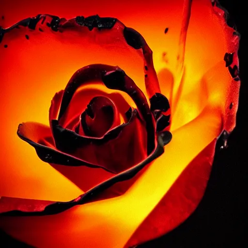 Prompt: award - winning macro of a beautiful black rose made of molten magma and nebulae on black background by harold davis, highly detailed, hyper - realistic, inner glow, trending on deviantart, artstation and flickr, nasa space photography, national geographic