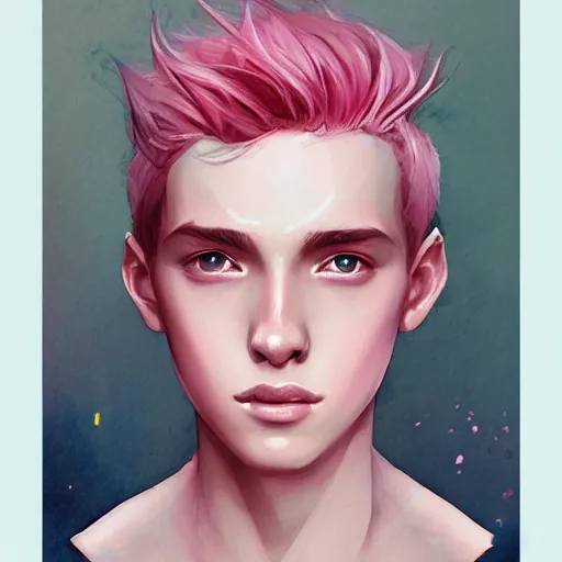 Image similar to teen boy, pink hair, pink eyes, elegant, georgeus, bust portrait, watercolor, high detalied, digital art, artstation, by charlie bowater