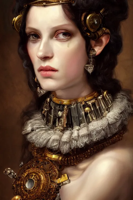 Image similar to moody portrait, headshot, digital painting, of a 17th century, beautiful cyborg girl merchant, dark hair, amber jewels, baroque, ornate clothing, scifi, futuristic, realistic, hyperdetailed, chiaroscuro, concept art, art by frans hals