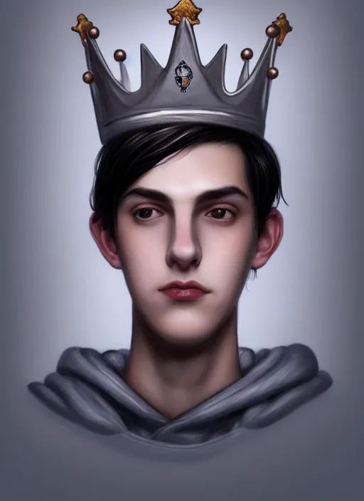 Image similar to portrait of teenage jughead jones wearing a light grey crown, photorealistic, crown, eyes closed, crown, black hair, intricate, elegant, glowing lights, highly detailed, digital painting, artstation, concept art, smooth, sharp focus, illustration, art by wlop, mars ravelo and greg rutkowski