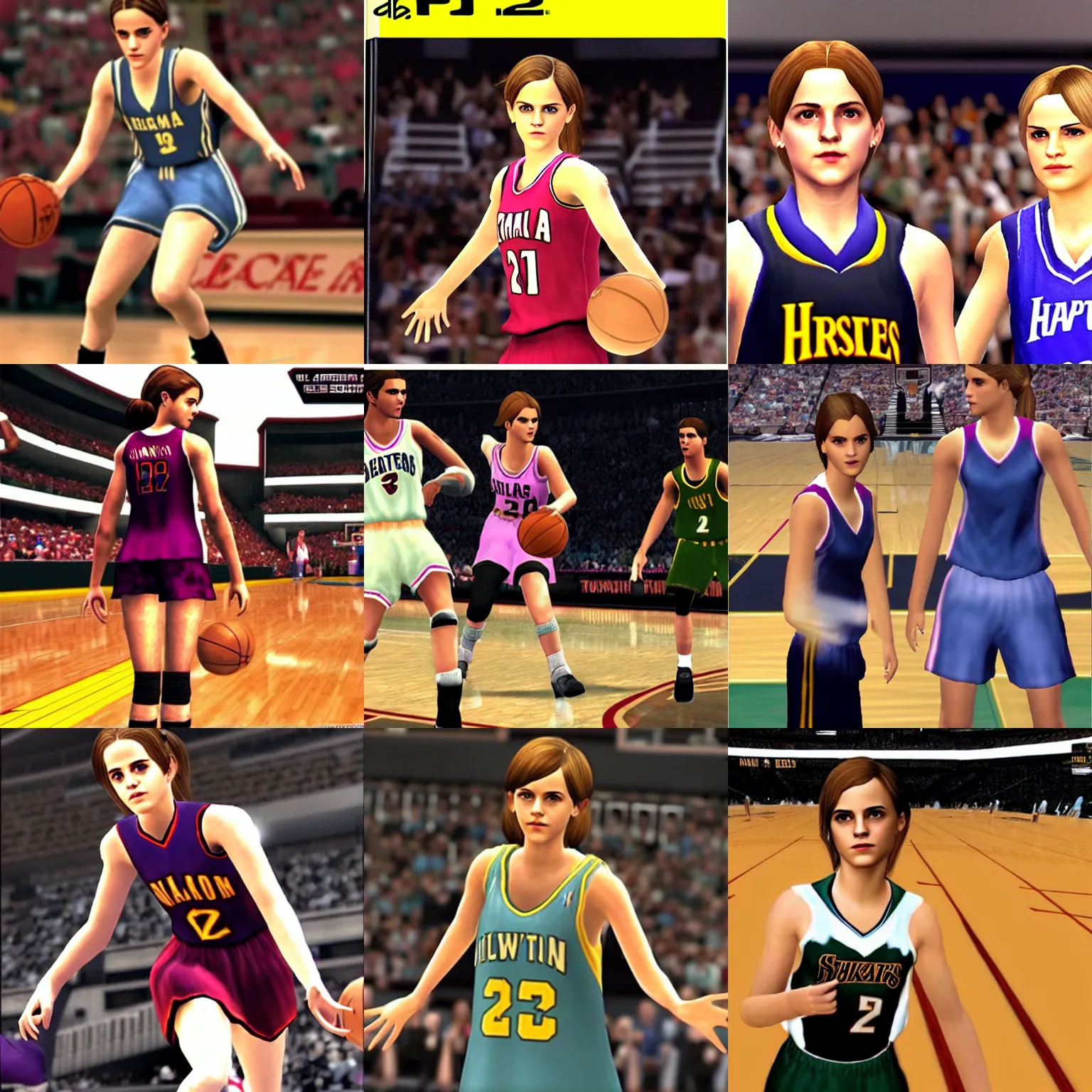 Prompt: teen emma watson in nba 2 k 0 7, ps 2, video game still