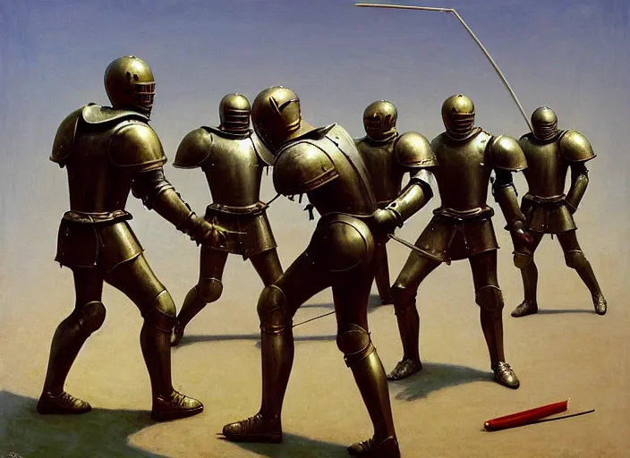 Prompt: knights in armor playing soccer, rome, highly detailed, soft lighting, elegant, works by edward hopper and james gillard, zdislaw beksinski, stephen outram, andreas m wiese, highly detailed