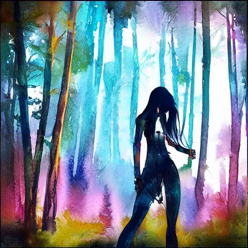 Prompt: “album cover redhead girl in a magic forest painted with watercolor in cyberpunk style”