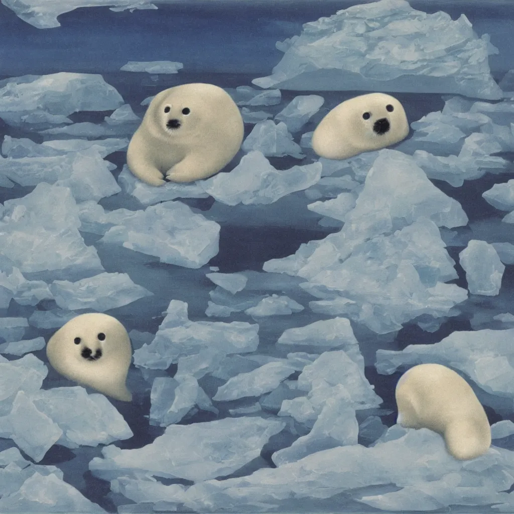 Prompt: a baby harp seal, painting by rene magritte, glaciers and ice and snow