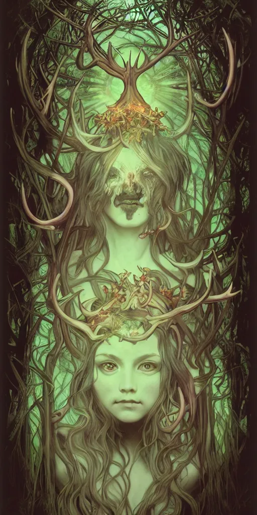 Prompt: intense bioluminescent glowing pagan god with antlers and tusks and pure black eyes in very dark forest by mark ryden and alphonse mucha, portrait, fantasy, clear, light beams, lens flare, intense, uhd, amazing depth, cinematic lighting