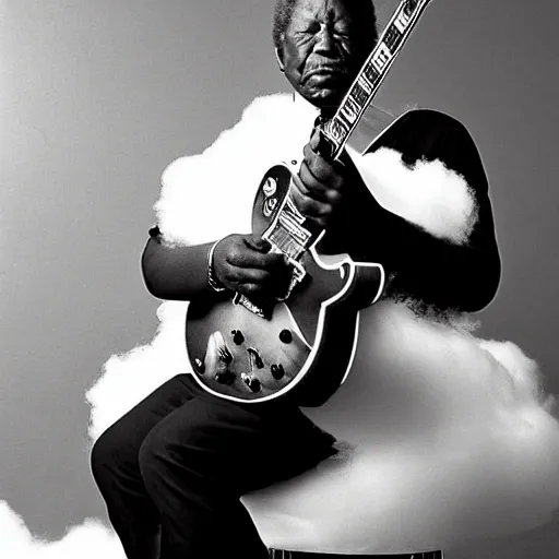 Image similar to b. b king, sitting in a fluffy cloud, playing an electric semi - hollow guitar. beautiful realistic sculpture, dramatic, moody