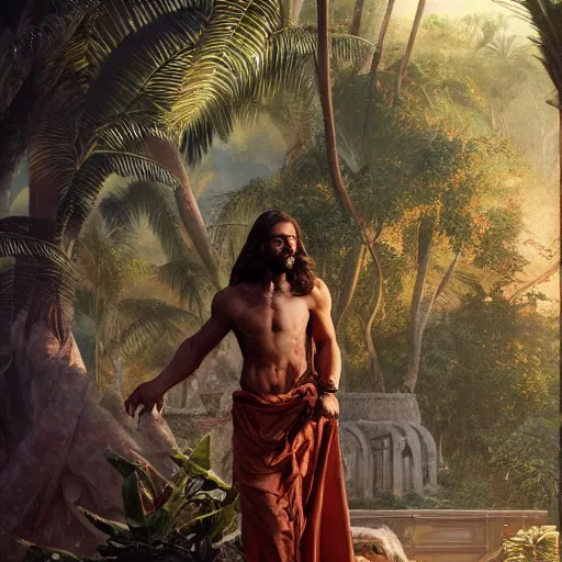 Image similar to a detailed matte painting of a ridiculously good looking jesus who is best friends forever with a velociraptor, elegant ancient greek dress, jungle as the background, drinking a martini, very detailed, beautiful, intricate, art by greg rutkowski and robert e howard, octane render