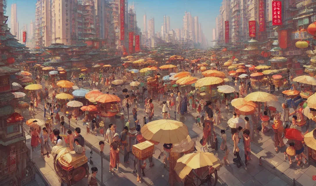 Prompt: busy chinese city, summer, in the style of studio ghibli, j. c. leyendecker, greg rutkowski, artem