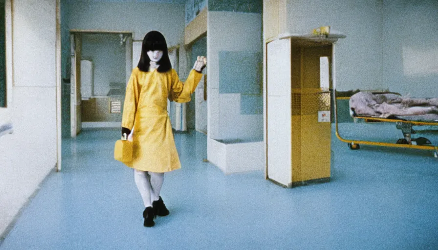 Prompt: 60s movie still of white japanese female phantoms bloody in an empty soviet stalinist style hospital with yellow tiles floor with light blue beds, cinestill 800t 35mm technicolor, heavy grain, high quality, higly detailed, liminal space