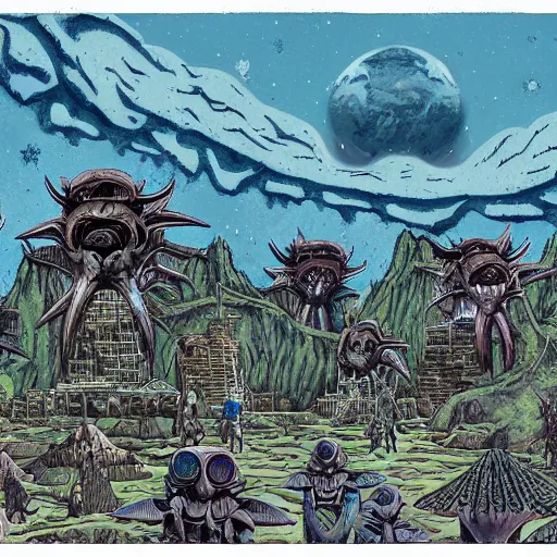 Image similar to extraterrestrial tribe village on ancient post - apocalyptic planet, jim henson creature shop, fantastic planet, illustration