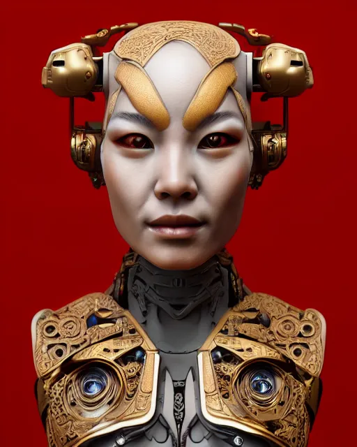 Prompt: portrait of a cyborg woman made of carved ancient chinese porcelain with gilding, wood burl, intricately detailed, elegant, photorealistic, artgerm, artstation