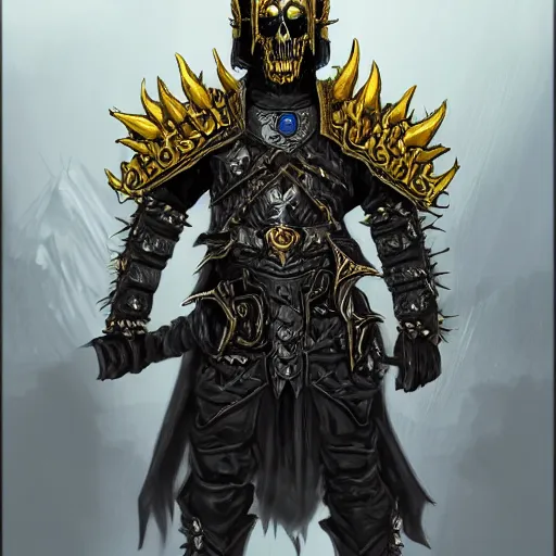 lich king wearing black and gold armor with skulls and | Stable Diffusion