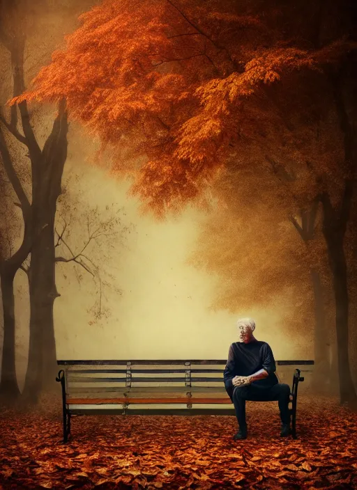 Prompt: man crumbles into leaves. conceptual photography portrait of an old man on a park bench falling apart into leaves, autumn tranquility, forgetfulness, fading to dust and leaves, oblivion, inevitability, aging, surreal portrait, moody, by tom bagshaw, cold, 4 k