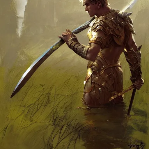 Prompt: a beautiful painting of a hand holding a sword, appearing out of water by james gurney and craig mullins