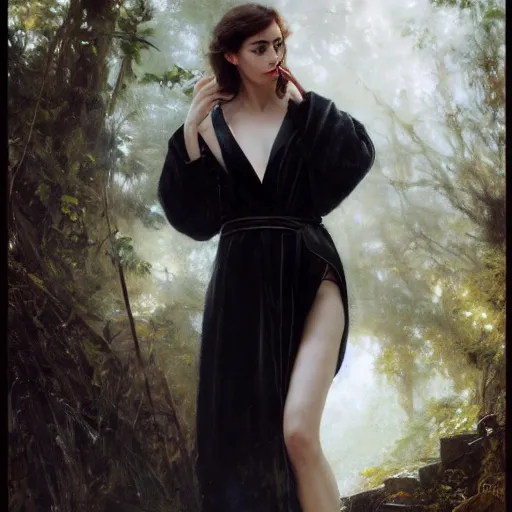 Prompt: detailed realistic cinematic wide shot of beautiful attractive lilly collins woman wearing black bath robe slim face symettrical face clean skin black eyes black robe smooth, sharp focus, ultra realistic, spring light, painting by gaston bussiere, craig mullins, j. c. leyendecker