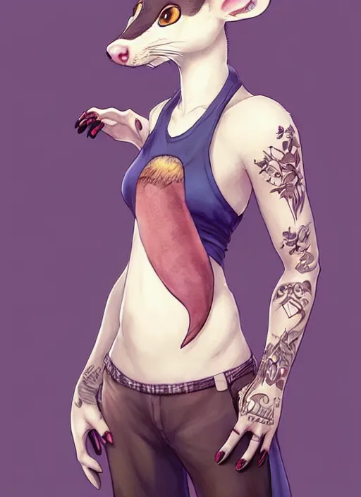 Prompt: character portrait of a female anthro possum fursona with a tail and a cute beautiful attractive detailed furry face wearing a tanktop and slacks with arm tattoos. Character design by charlie bowater, ross tran, artgerm, and makoto shinkai, detailed, inked, western comic book art